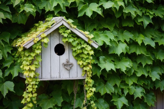 Birdhouse hanging on an ivycovered cottage wall