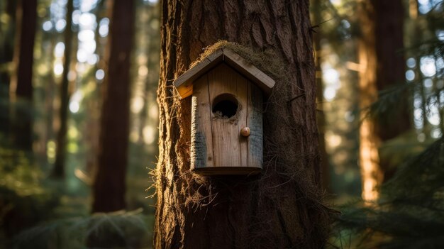 A birdhouse is on a tree in a forest Wooden birdhouse in the forest Generative AI