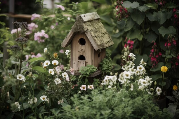 Birdhouse omgeven door weelderig groen en bloemen