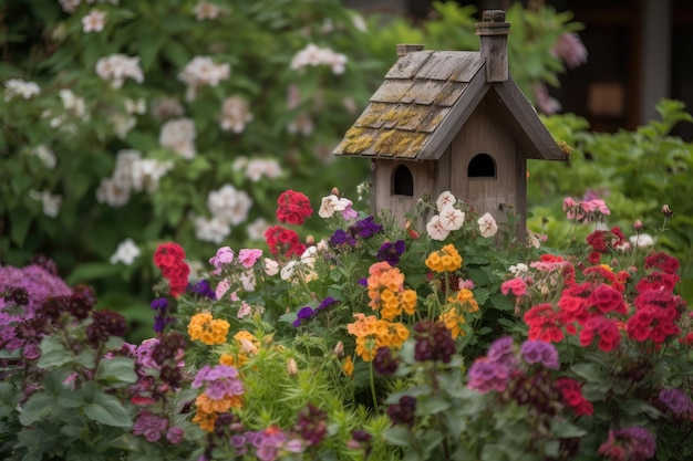 Birdhouse surrounded by colorful blooming flowers