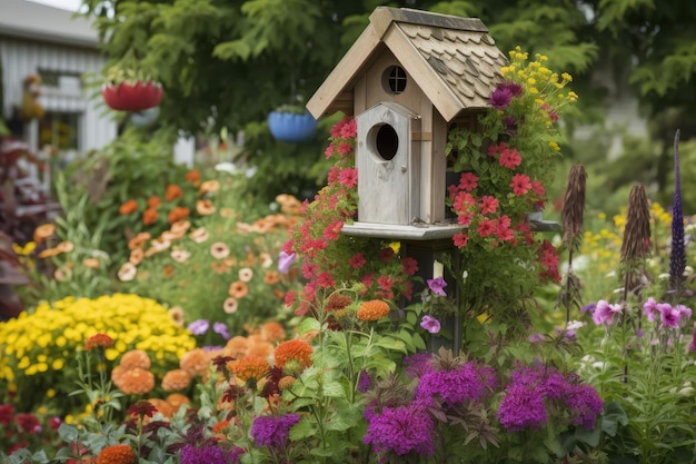 Birdhouse surrounded by garden with colorful blooms and butterflies