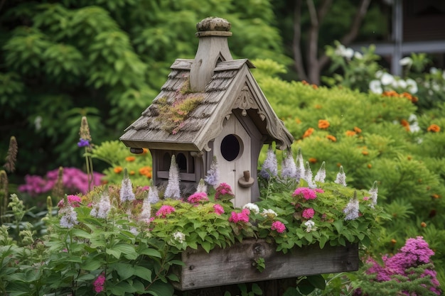 Birdhouse surrounded by lush greenery and flowers