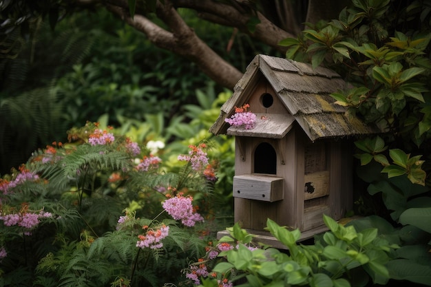 Birdhouse surrounded by lush greenery and flowers