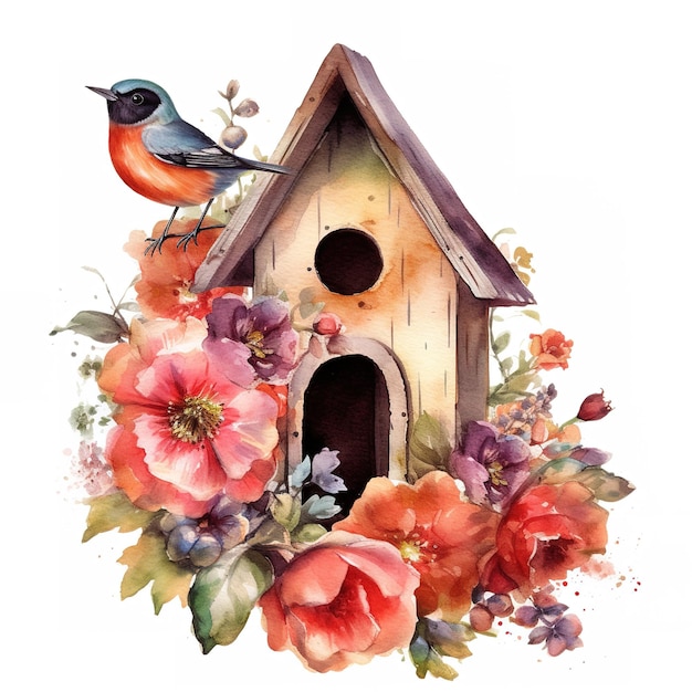 Photo birdhouse watercolor illustration