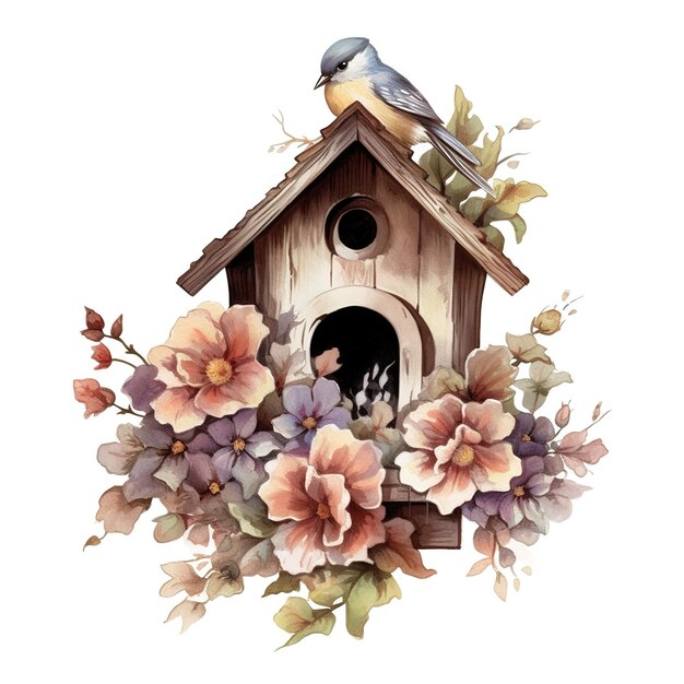 Photo birdhouse watercolor illustration