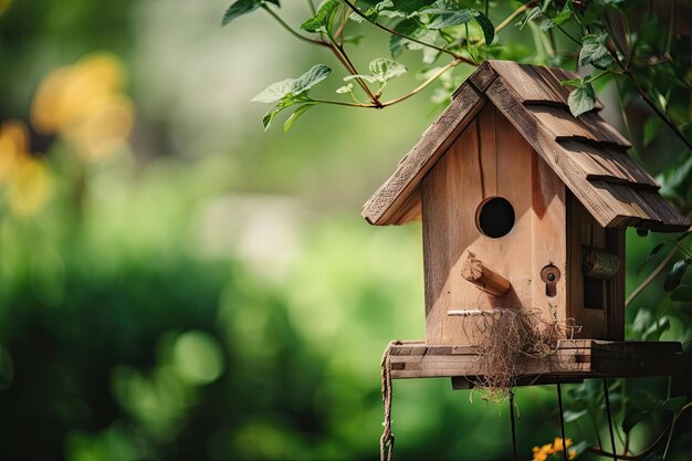 生成 AI で作成された鳥の餌箱と緑の自然な背景を備えた巣箱