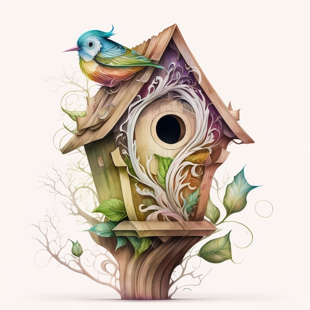 Photo a birdhouse with a bird on it and a bird on the top.