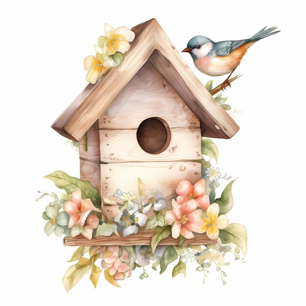 A birdhouse with a bird on it and flowers around it