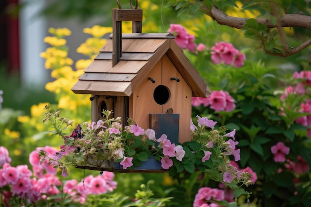 Birdhouse with feeder hanging in garden surrounded by blooming flowers created with generative ai