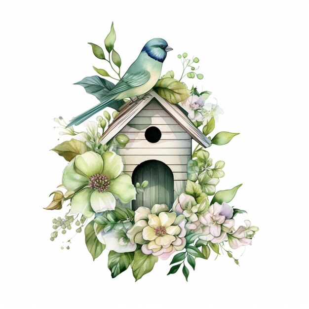 A birdhouse with flowers and a bird on it