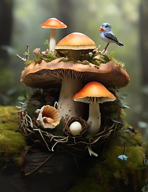 Photo birds are nesting in mushrooms in the forest