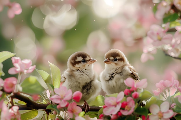 Foto gli uccelli sono seduti su un ramo con fiori rosa sullo sfondo