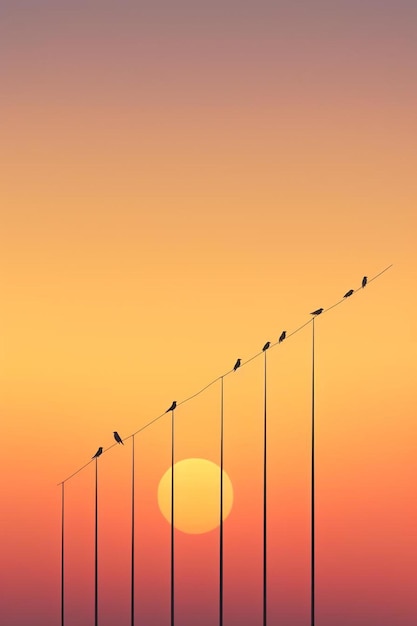 birds are sitting on a wire against a sunset sky