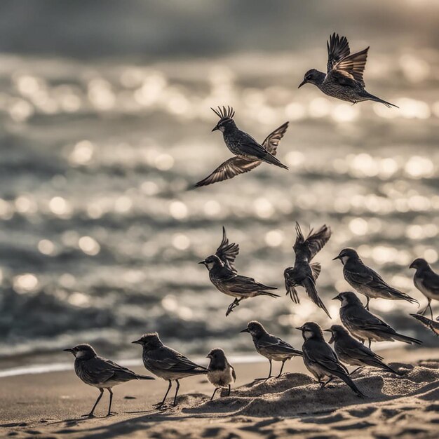 Foto uccelli in spiaggia che volano