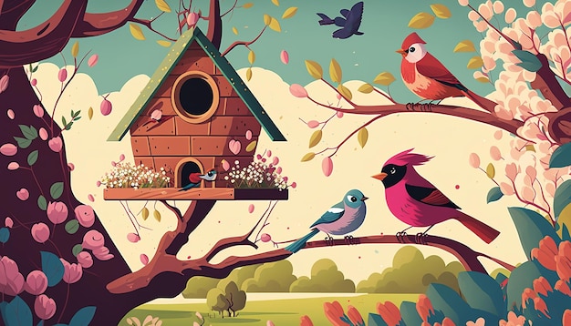 Птицы и цветы Иллюстрация весенней природы Генеративный ИИ