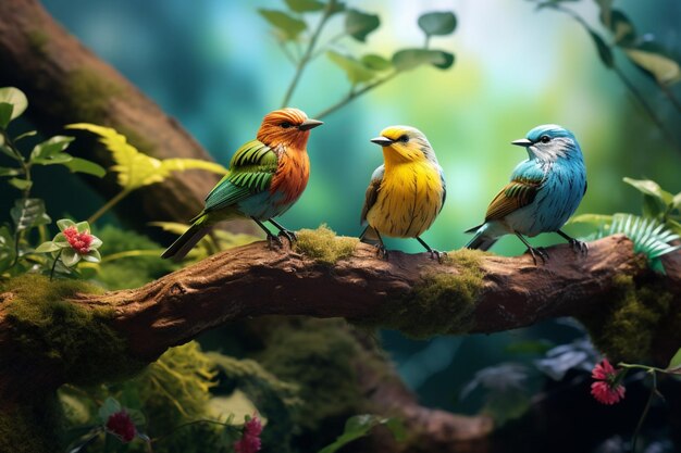 Birds on a branch discovering the colorful avian harmony of nature that is beautiful