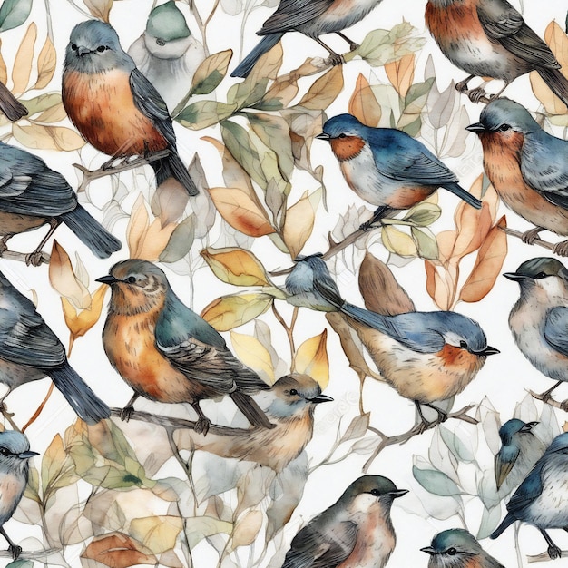 Birds on a branch watercolor seamless pattern.