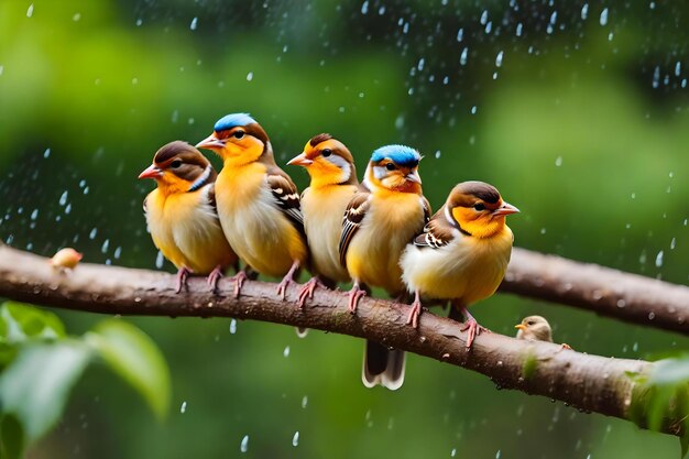 Birds on a branch with rain drops