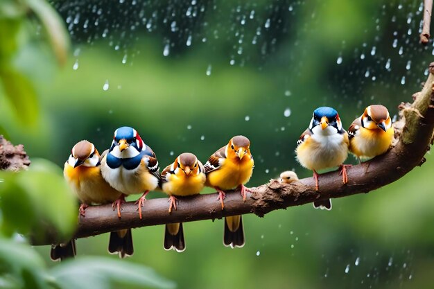 Birds on a branch with rain drops