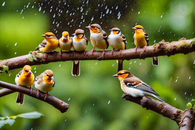 Photo birds on a branch with rain drops