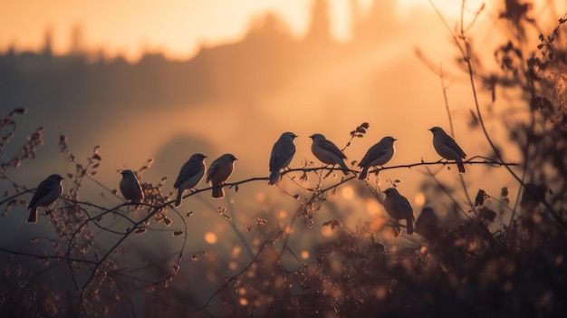 Birds on a branch with the sun setting behind them