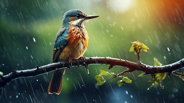 Photo birds on branches in the rain with blurred background