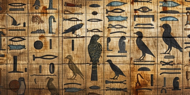 Photo birds and egyptian symbols on wooden painting