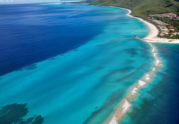 A birds eye perspective of a tropical island with clear turquoise waters landscape wallpaper