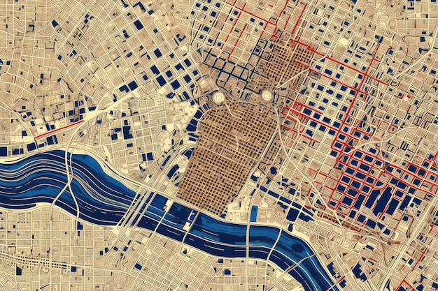 Birds Eye View Abstract Map of City extreme closeup Generative AI