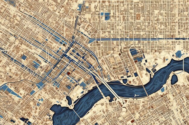 Birds Eye View Abstract Map of City extreme closeup Generative AI