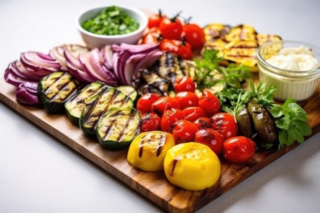 Photo birds eye view of an assorted grilled vegetable platter on a blue table