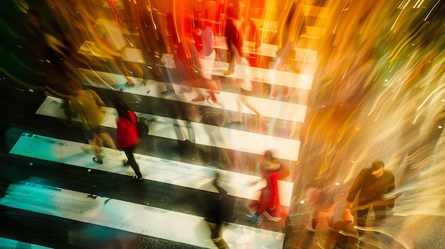 Photo birds eye view and blurred motion of pedestrians on crosswalk in rush hour in tokyo generative ai