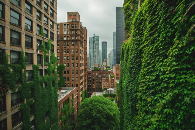 Photo a birds eye view of a bustling cityscape with tall buildings roads and cars as seen from a highrise building city skyline slowly being taken over by ivycovered skyscrapers ai generated