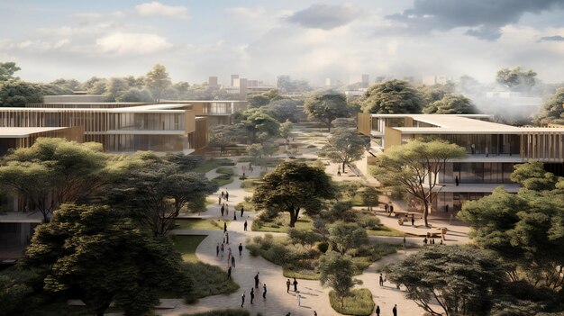 a birds eye view of a campus and trees with clouds