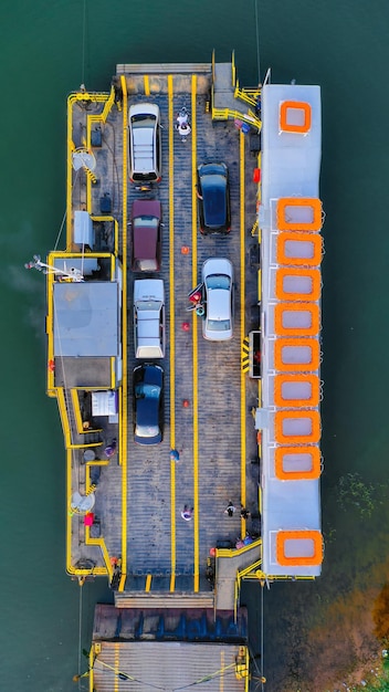 Birds eye view of cars on barge photo