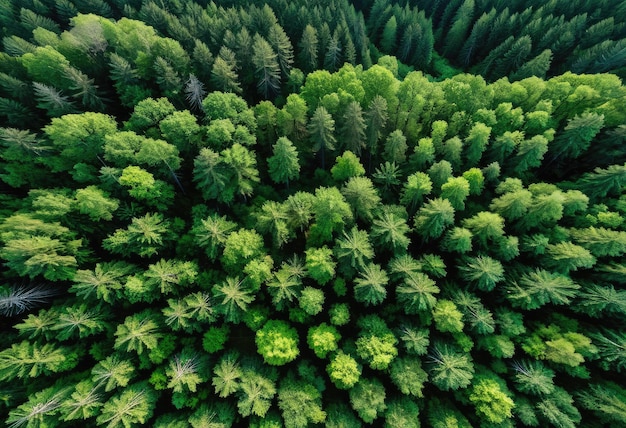 A birds eye view of a dense forest with dark wood trees