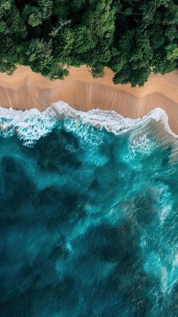 A birds eye view of a long sandy beach stretching along the ocean with waves gently crashing on the