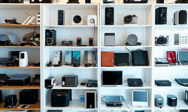 Photo birds eye view organized office shelves