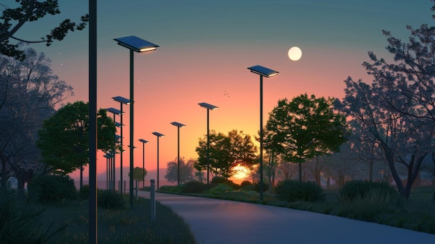 A birds eye view of a parks walking path lined with solarpowered street lights that automatically
