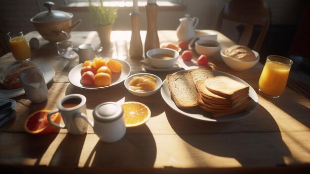 Foto vista a occhio d'uccello di un tavolo di legno per la colazione con ia generativa