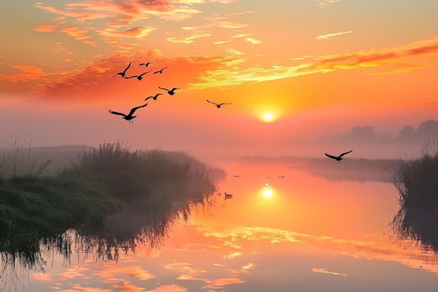 Photo birds in flight captured with the reflection in the mirrored surface of a still pond