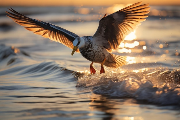 鳥が海辺を飛んでいる 複雑な羽毛と細部は 柔らかい海岸の太陽の光に照らされています