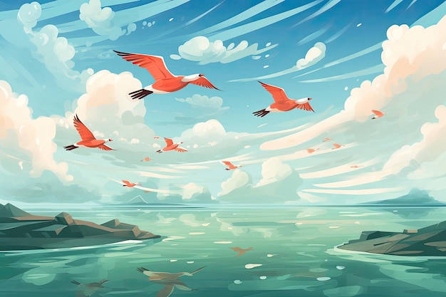 Birds fly over the cloudy ocean in a group Generative AI