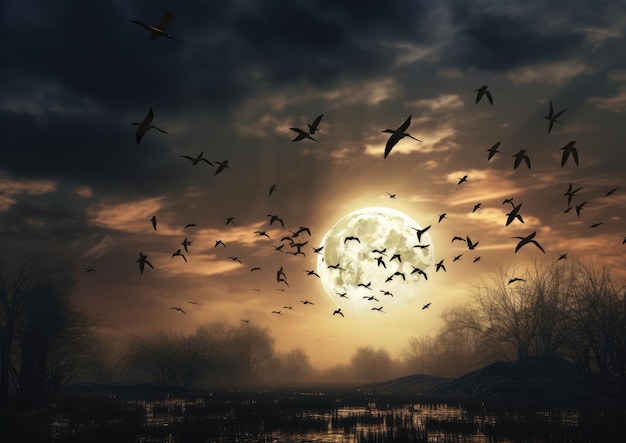 Photo birds flying against a full moon creating a mystical scene