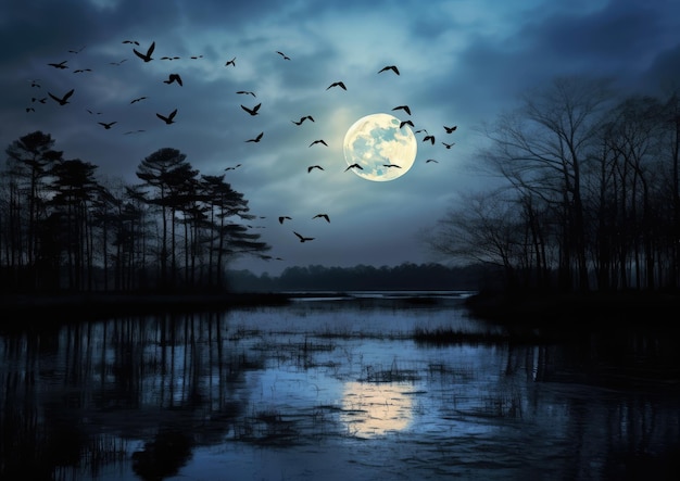 Photo birds flying against a full moon creating a mystical scene