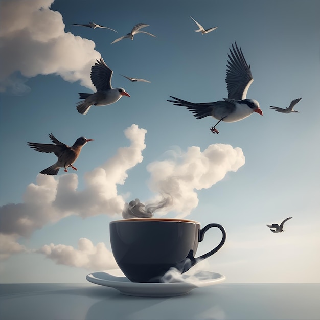 Birds flying around coffee cup