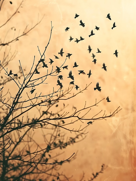 Birds Flying as Silhouettes Sunset Shadow Cast on Wall Elong Creative Photo Of Elegant Background