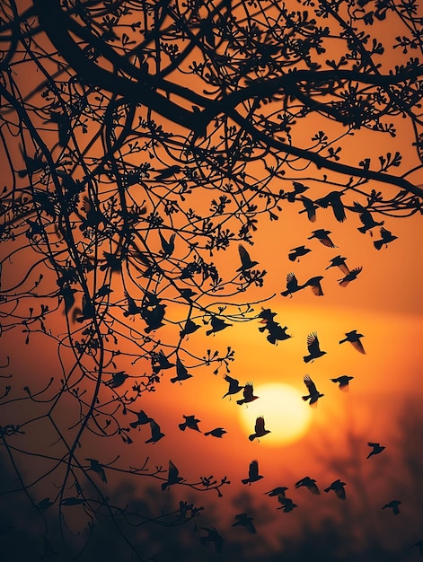 鳥がシルエットとして飛ぶ日没の影が壁に映し出されたエレガントな背景のクリエイティブ写真
