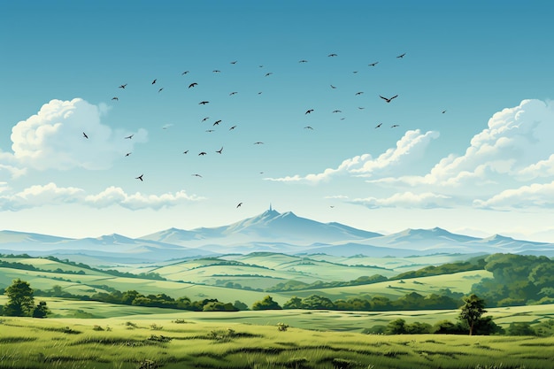 birds flying over a green field