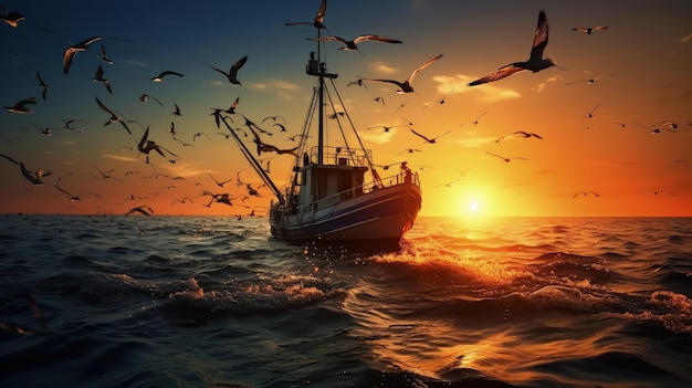 Birds flying over a shrimp fishing boat at sunset in the open sea silhouette concept